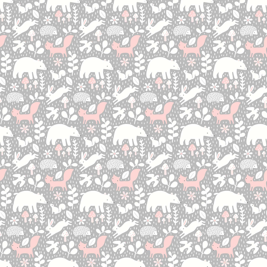 HELLO LITTLE ONE, Gray Backgroud  with Pink and White Forest Animals 22692-22