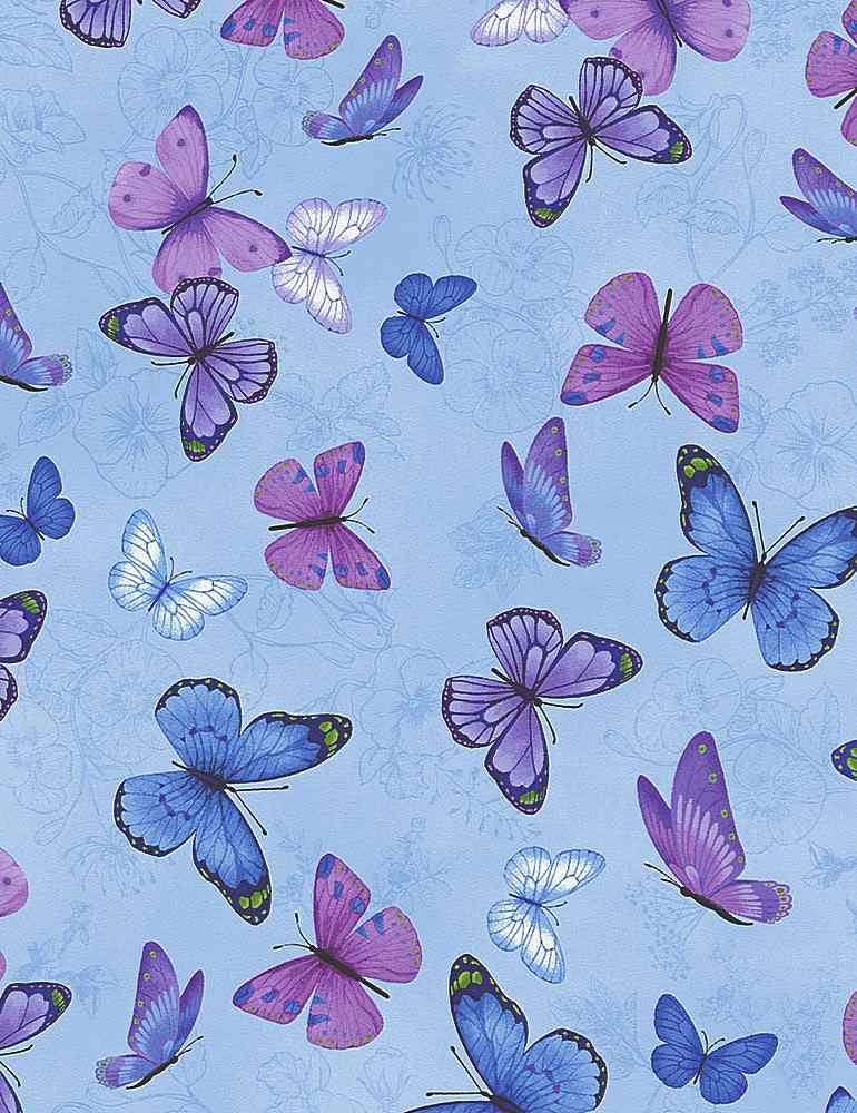 BUTTERFLIES On ETCHED PANSIES C-7725/Blue