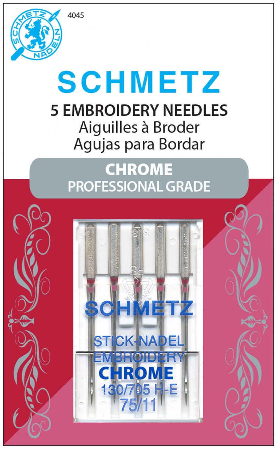 Chrome Embroidery Schmetz Needle 5 ct, Size 75/11, # 4045